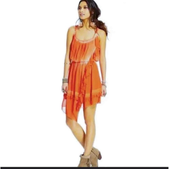 Free People Dresses & Skirts - Free People Aphrodite Womens Orange Tie Dye Asymmetrical Boho Ruffle Dress XS